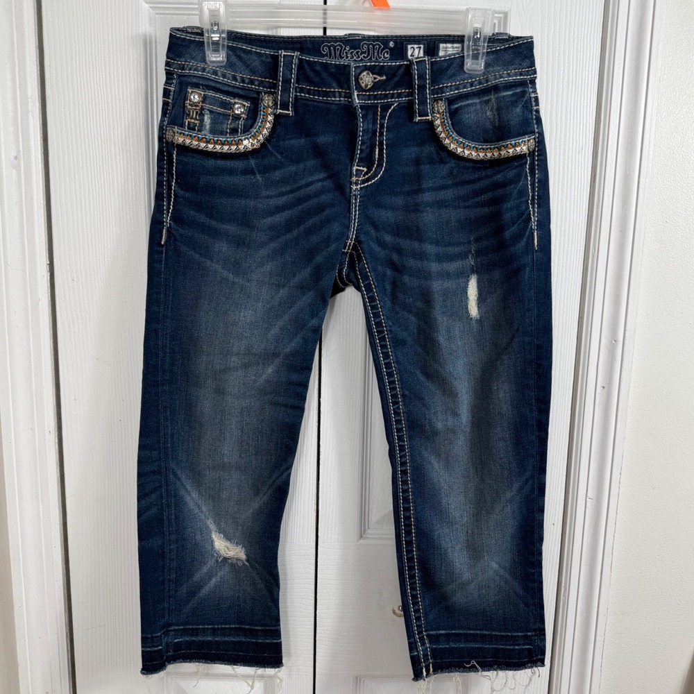 Miss Me Signature Capri Jeans 27 Blue Y2K Boho Western Embellished Distressed